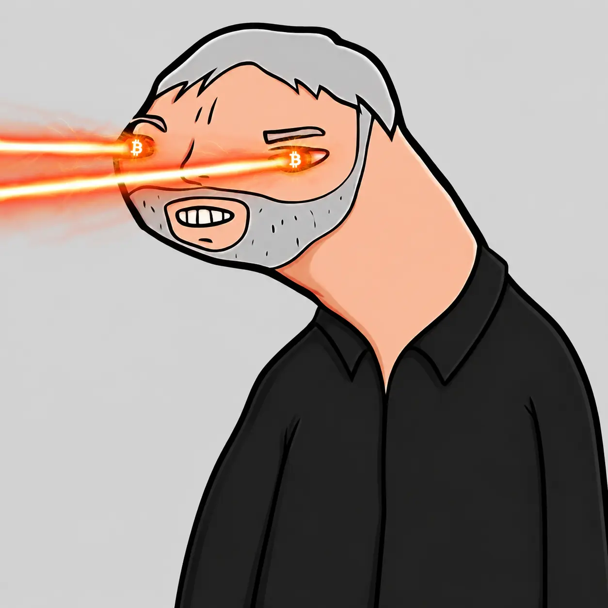 Mikol Sellor, a cartoon caricature of a crypto CEO with glowing Bitcoin laser eyes